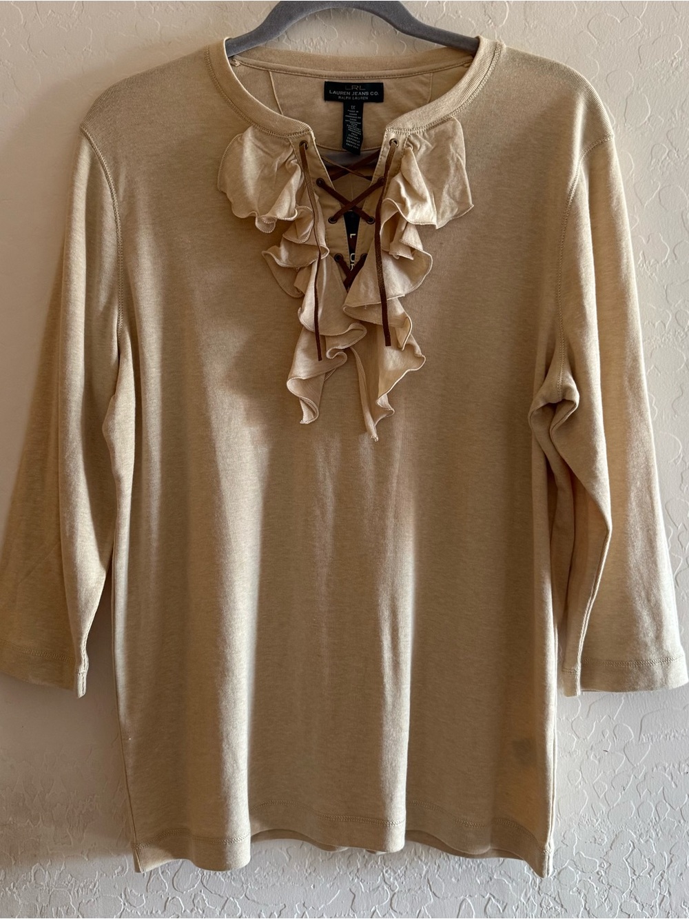 Lauren Ralph Lauren, 1X, cotton blend, oatmeal beige lace-up ruffle top